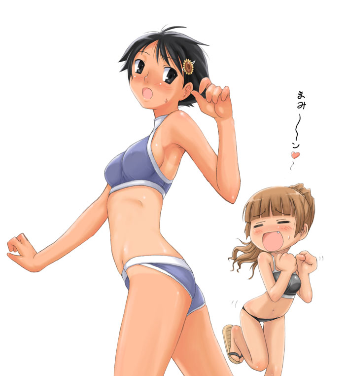 komusou (komusou1), tsukiyama minako, yamaguchi mami, maria-sama ga miteru, 00s, bikini, black eyes, black hair, fang, hair ornament, hairpin, short hair, sweatdrop, swimsuit
