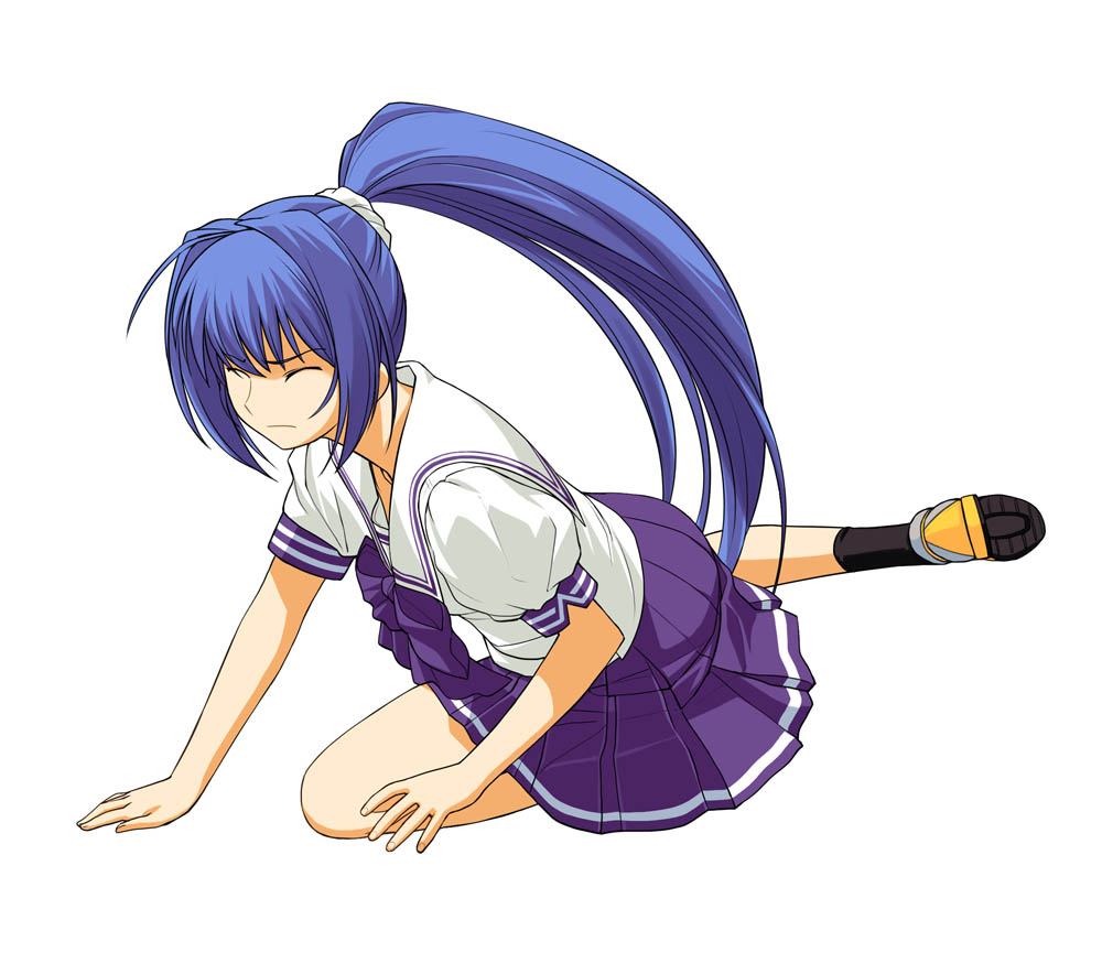 a1 (initial-g), hayase mitsuki, kimi ga nozomu eien, 00s, blue eyes, blue hair, closed eyes, long hair, pleated skirt, ponytail, school uniform, serafuku, skirt, solo