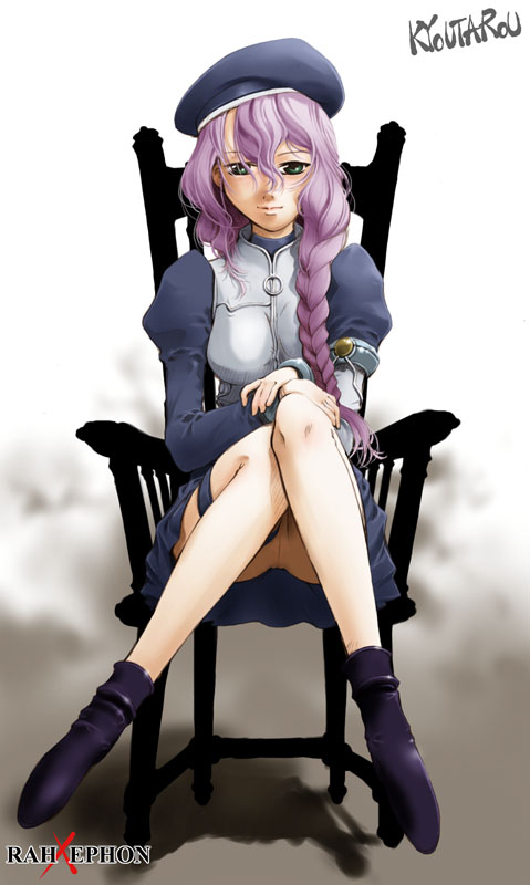 kyoutarou, suzuki kyoutarou, kisaragi quon, rahxephon, 00s, 1girl, artist name, beret, braid, chair, cleft of venus, female focus, green eyes, hat, light smile, long hair, long sleeves, no panties, pink hair, purple hair, pussy, single braid, sitting, solo, thigh strap, uncensored, upskirt