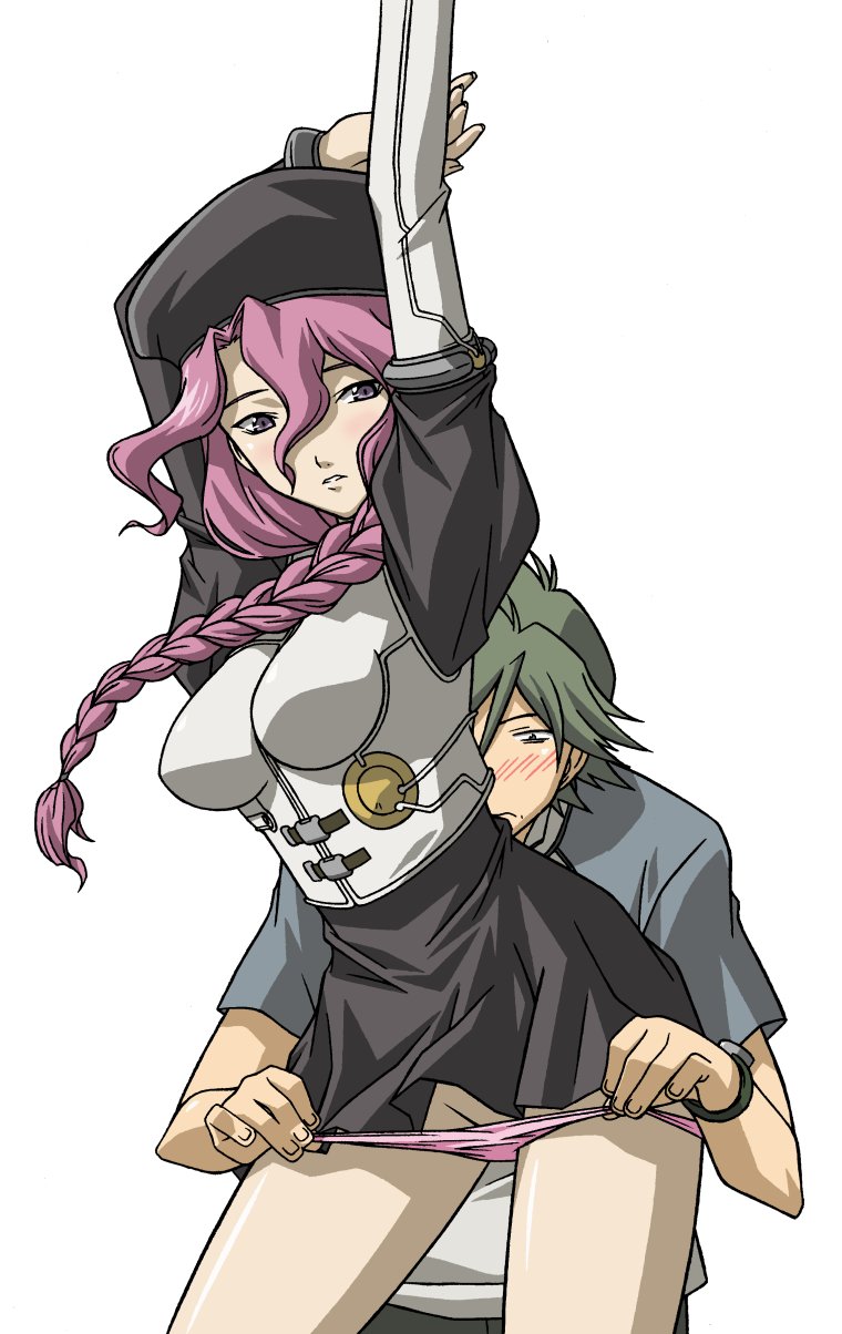 kamina ayato, kisaragi quon, rahxephon, highres, 00s, 1boy, 1girl, beret, blush, braid, dress, hat, long hair, mother and son, panties, panty pull, parted lips, pink hair, pink panties, purple eyes, purple hair, purple panties, short dress, single braid, standing, underwear, undressing, watch