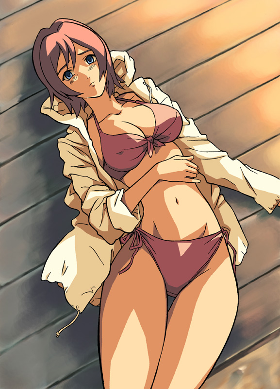 shitou megumi, rahxephon, 00s, 1girl, bikini, blue eyes, breasts, cleavage, female focus, jacket, large breasts, lying, pink hair, short hair, side-tie bikini bottom, sleeves rolled up, solo, swimsuit