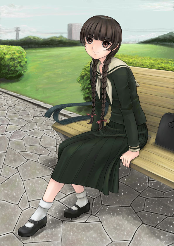 shirayuki shoushirou, shimazu yoshino, maria-sama ga miteru, 00s, 1girl, arm support, bag, bench, black hair, black shoes, braid, brown eyes, brown hair, bush, cloud, day, female focus, grass, hair over shoulder, hedge, hime cut, long hair, long skirt, looking at viewer, mary janes, outdoors, park bench, power lines, school bag, school uniform, serafuku, shoes, sitting, skirt, sky, socks, solo, twin braids, wooden bench