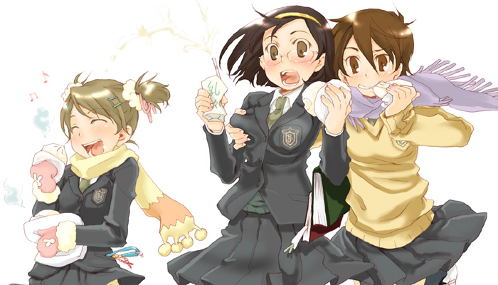 kurafuji sachi, original, 3girls, badge, beamed quavers, black hair, blazer, blush, book, bookmark, brown eyes, brown hair, carton, drinking straw, eating, food, glasses, grabbing another's breast, grin, groping, hair ornament, hairband, hairclip, jacket, long sleeves, mittens, multiple girls, musical note, necktie, open mouth, pleated skirt, quaver, scarf, school uniform, short twintails, skirt, smile, squirting liquid, steamed bun, surprised, sweater, twintails, wide-eyed