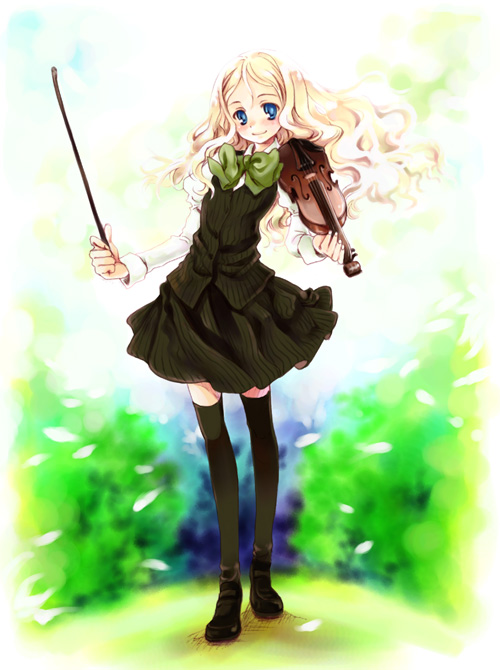kurafuji sachi, charlotte francia, quartett!, tagme, 1girl, black shoes, female focus, instrument, outdoors, shoes, solo, thighhighs, violin