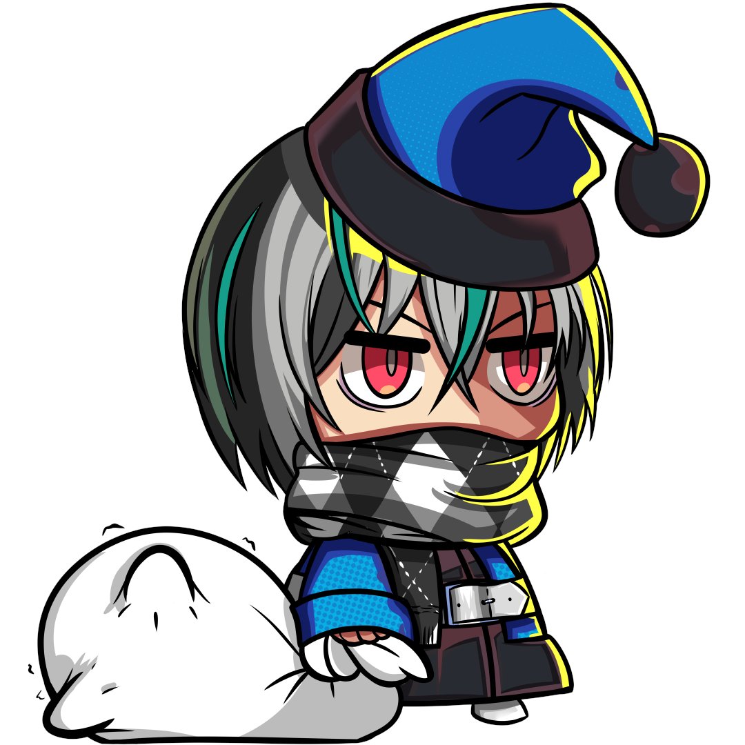 kouto matai, kuma (dohna dohna), dohna dohna issho ni warui koto o shiyou, 1boy, blue coat, blue hat, chibi, chibi only, coat, full body, grey hair, grey scarf, hair between eyes, hat, holding, holding sack, implied kidnapping, male focus, meme, multicolored hair, padoru (meme), red eyes, sack, santa hat, scarf, scarf over mouth, short hair, simple background, solo, streaked hair, white background