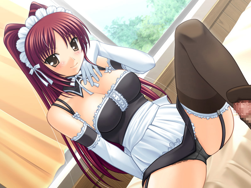 iori (gyuunyuuya), kousaka tamaki, to heart (series), to heart 2, 00s, 1girl, black panties, black thighhighs, blush, brown eyes, censored, elbow gloves, feet, footjob, footjob with legwear, garter belt, gloves, headdress, long hair, maid, maid headdress, mosaic censoring, panties, pantyshot, penis, red hair, sitting, solo focus, thighhighs, underwear