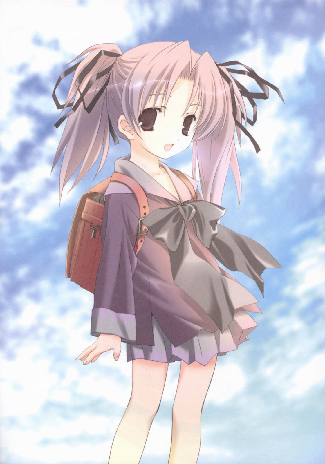 miyashita miki, miyama yuuna, maburaho, highres, 00s, 1girl, backpack, bag, day, female focus, randoseru, solo, twintails
