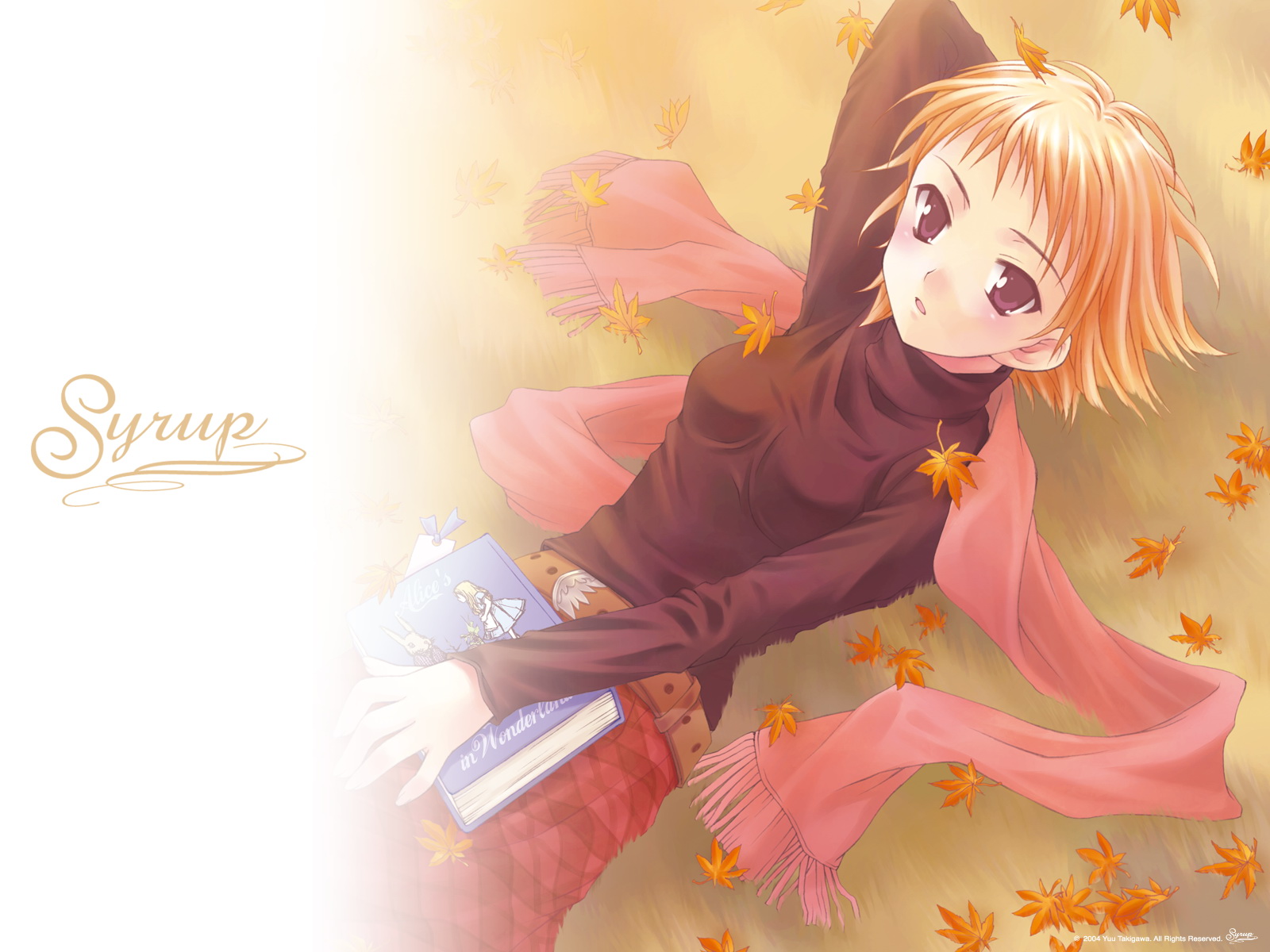 takigawa yuu, highres, 1girl, autumn, autumn leaves, book, female focus, leaf, scarf, short hair, solo