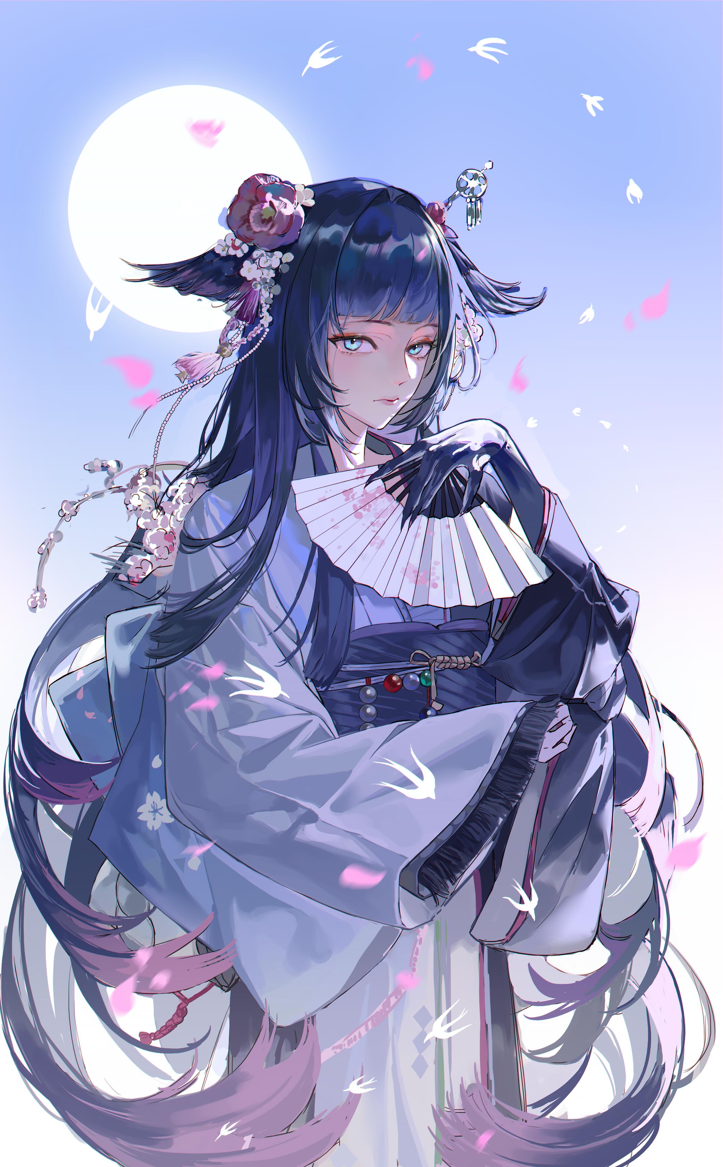 jiujingweishengzhi, mio (arknights), arknights, absurdres, bad source, highres, 1girl, black gloves, black hair, blue background, blue eyes, blue hair, blunt bangs, closed mouth, crescent, elbow gloves, floral print, flower, folding fan, gloves, gradient background, hair flower, hair ornament, hand fan, holding, holding fan, japanese clothes, kimono, lips, long hair, long sleeves, looking at viewer, moon, multicolored hair, obi, petals, pink flower, purple hair, sash, solo, standing, tassel, very long hair, wide sleeves