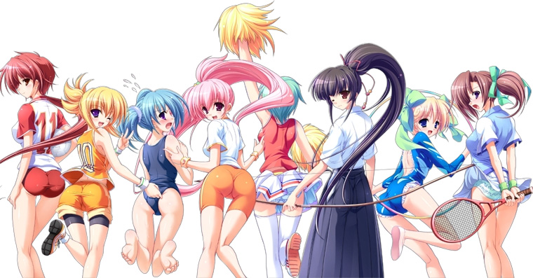 asuka itaru, ayashiro rin, hoshiba ai, ichikawa kaori, kakedori tsubasa, masago mizue, renjou mei, toonone nagomi, bukatsu kikaku, bukatsu kikuku, 6+girls, aqua panties, archery, ass, ball, barefoot, basketball, basketball (object), basketball uniform, bike shorts, black hair, blonde hair, blue eyes, blue hair, blue panties, blush, bow (weapon), buruma, cheerleader, clothes lift, clothes writing, covering privates, embarrassed, feet, female focus, flying sweatdrops, frilled panties, frills, from behind, green hair, gymnastics, hair ribbon, hakama, hakama skirt, hoop, hula hoop, japanese clothes, leotard, long hair, looking back, multiple girls, one-piece swimsuit, one eye closed, open mouth, panties, pantyshot, pink hair, pom pom (cheerleading), ponytail, purple eyes, racket, red eyes, red hair, rhythmic gymnastics, ribbon, school swimsuit, shoes, skirt, skirt lift, sneakers, soles, sportswear, swimsuit, tennis, tennis racket, tennis uniform, thigh gap, thighhighs, thighs, toes, tomboy, twintails, underwear, v, very long hair, volleyball, volleyball (object), weapon, wink