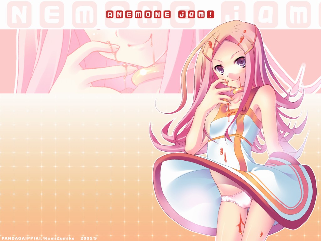 komi zumiko, anemone (eureka seven), eureka seven, eureka seven (series), 00s, 1girl, artist name, dress, female focus, jam, panties, pantyshot, pink panties, solo, standing, thigh gap, thighs, underwear, upskirt, zoom layer