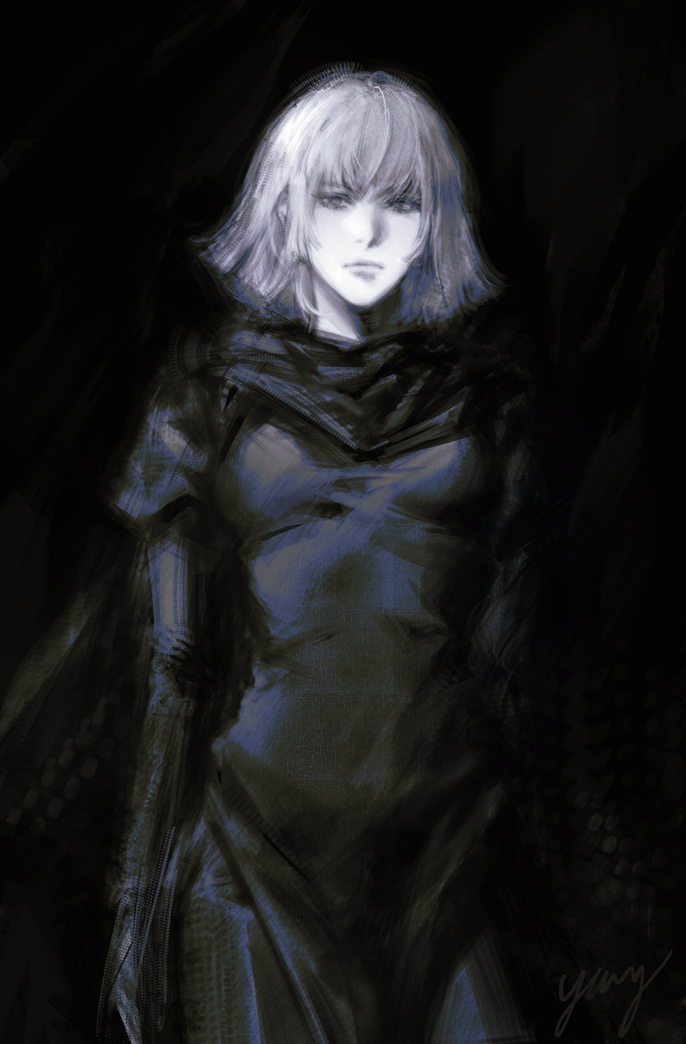 su2urann, haman karn, gundam, zeta gundam, absurdres, commentary, highres, breasts, closed mouth, cowboy shot, dress, greyscale, juliet sleeves, lips, long sleeves, looking at viewer, monochrome, nose, puffy sleeves, short hair, signature, solo