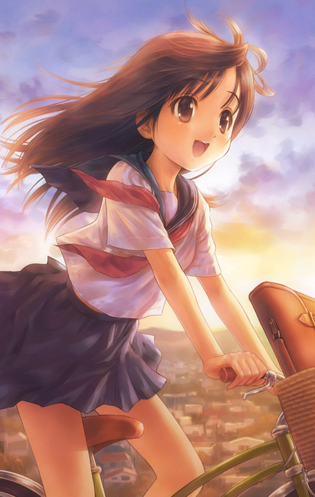 goto p, original, 1girl, bicycle, breasts, cloud, female focus, happy, house, miniskirt, outdoors, pleated skirt, riding, riding bike, school uniform, serafuku, short sleeves, skirt, sky, small breasts, smile, solo