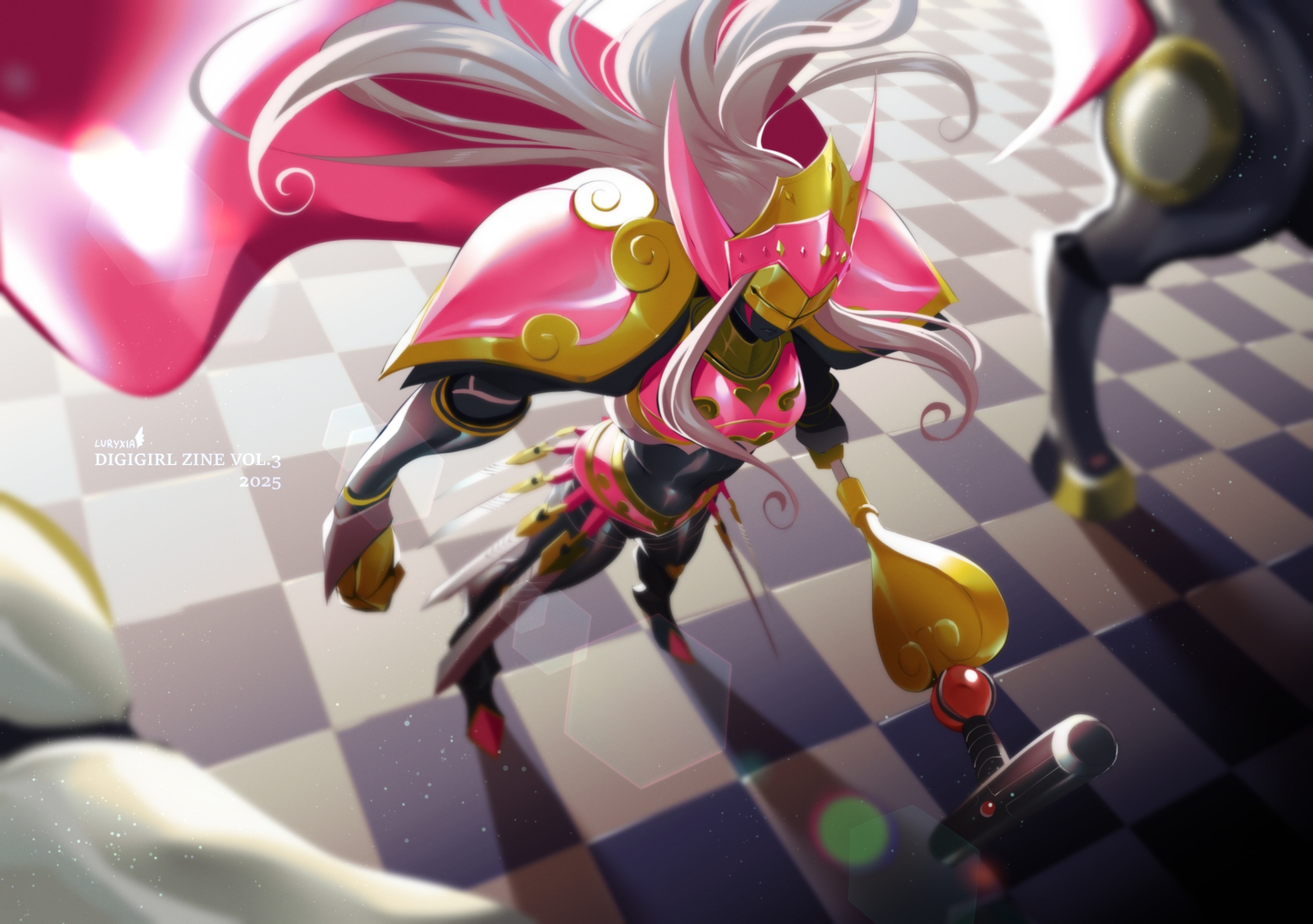luryxia, queenchessmon, digimon, commentary, english commentary, highres, 1girl, 2others, armor, artist name, black bodysuit, black skin, bodysuit, breasts, cape, centaur, checkered floor, closed mouth, colored skin, covered eyes, digimon (creature), floating cape, floating hair, from above, full body, helmet, helmet over eyes, holding, holding scepter, knightchessmon (black), knightchessmon (white), lens flare, long hair, medium breasts, multiple others, pink armor, pink cape, scepter, shadow, solo focus, standing, taur, very long hair, weapon, white hair