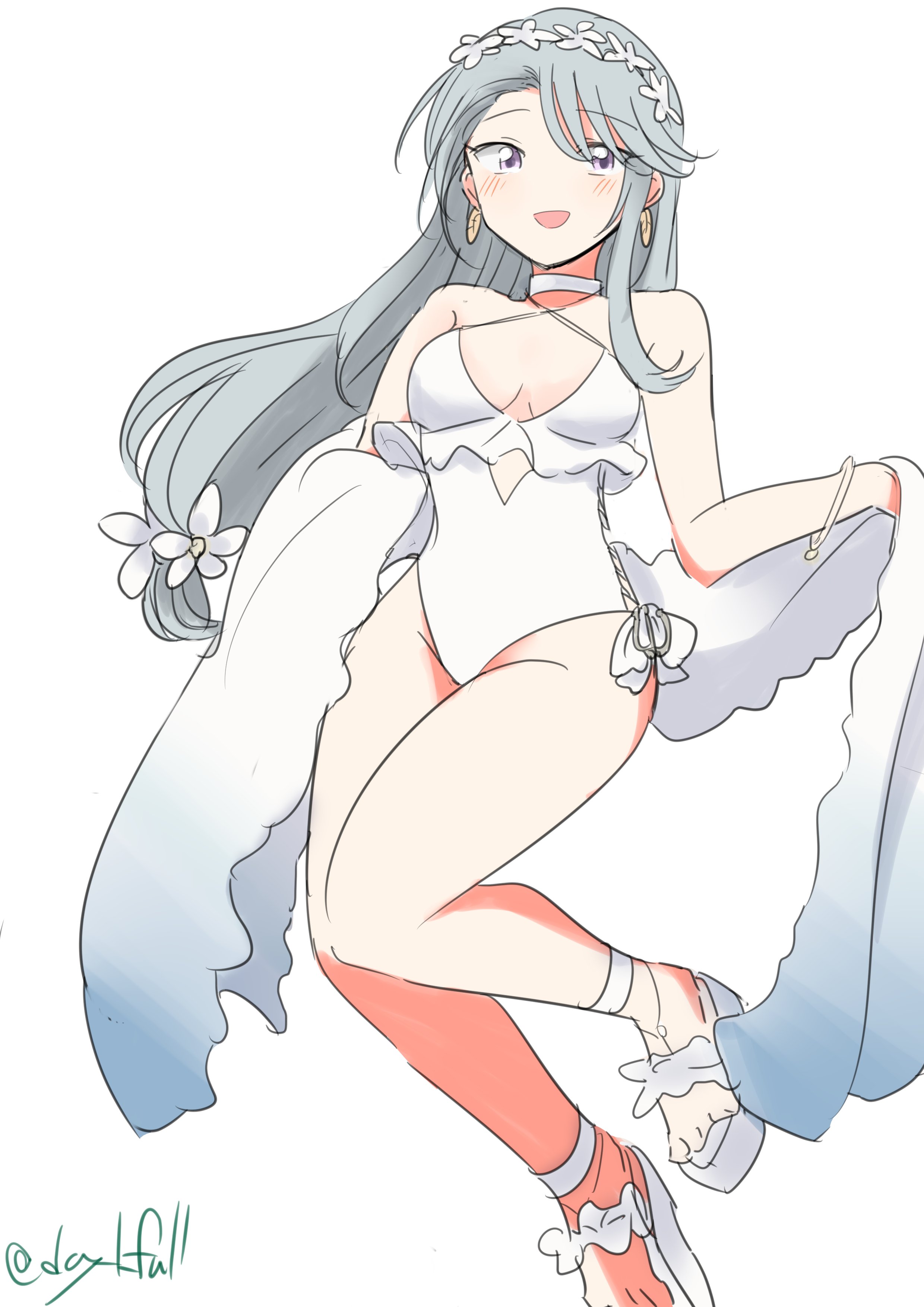 robinson (day l full), sagiri (kancolle), sagiri (swimsuit) (kancolle), kantai collection, absurdres, highres, 1girl, anchor ornament, asymmetrical bangs, casual one-piece swimsuit, choker, criss-cross halter, flower, frilled one-piece swimsuit, frills, grey hair, hair flower, hair ornament, hairband, halterneck, highleg, highleg one-piece swimsuit, long hair, looking at viewer, official alternate costume, one-hour drawing challenge, one-piece swimsuit, open-toe shoes, purple eyes, shawl, side-tie swimsuit, simple background, smile, solo, swept bangs, swimsuit, white background, white choker, white one-piece swimsuit, white shawl