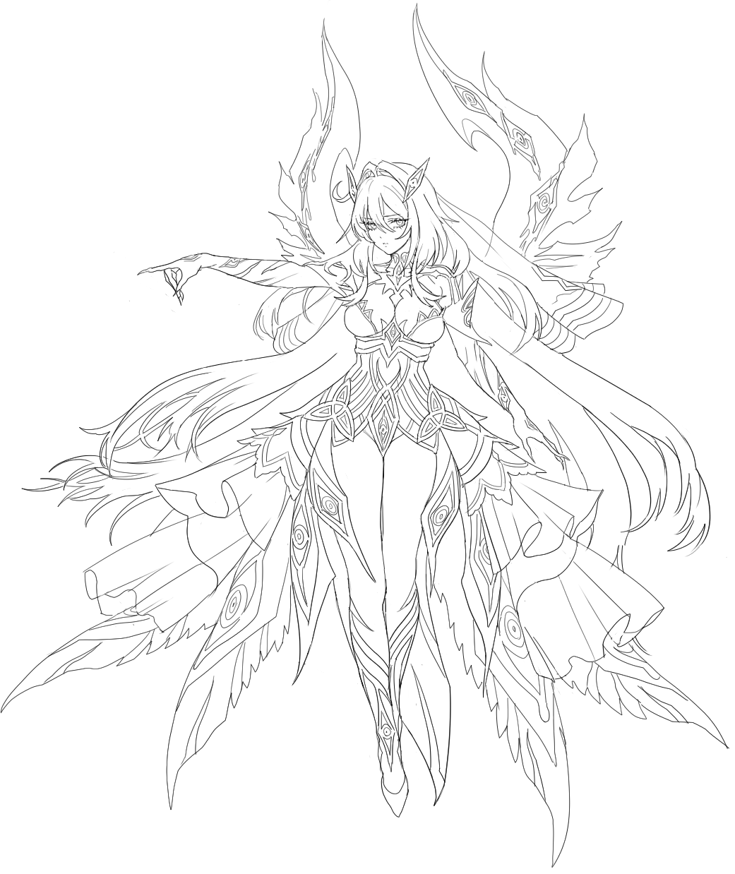 cosmic bear, ronova (genshin impact), genshin impact, highres, 1girl, bodysuit, breasts, cleavage, crossed legs, eye hair ornament, eye symbol, eyes on wings, fingernails, frilled skirt, frills, full body, greyscale, hair intakes, high heels, large breasts, light frown, lineart, long fingernails, long hair, looking at viewer, monochrome, outstretched arm, pointing, sharp fingernails, showgirl skirt, skirt, solo, triquetra, veil, very long hair, watson cross, wings