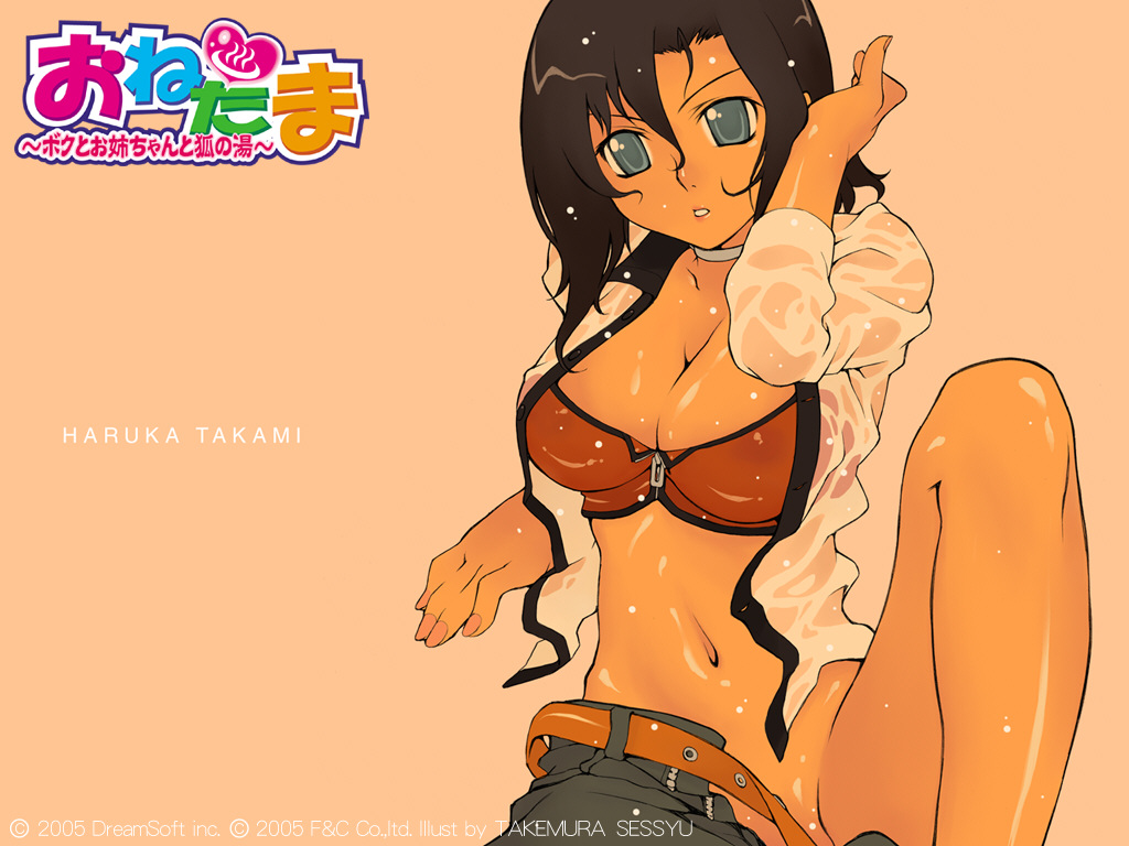 takemura sessyu, takami haruka, onetama, non-web source, 1girl, adjusting hair, belt, black hair, blue eyes, breasts, choker, cleavage, crop top, dark-skinned female, dark skin, female focus, groin, halterneck, large breasts, leg up, midriff, nail polish, navel, no panties, open clothes, open shirt, shirt, short hair, solo, thighs, undressing, unzipped, wet, wet clothes, wet shirt, zipper