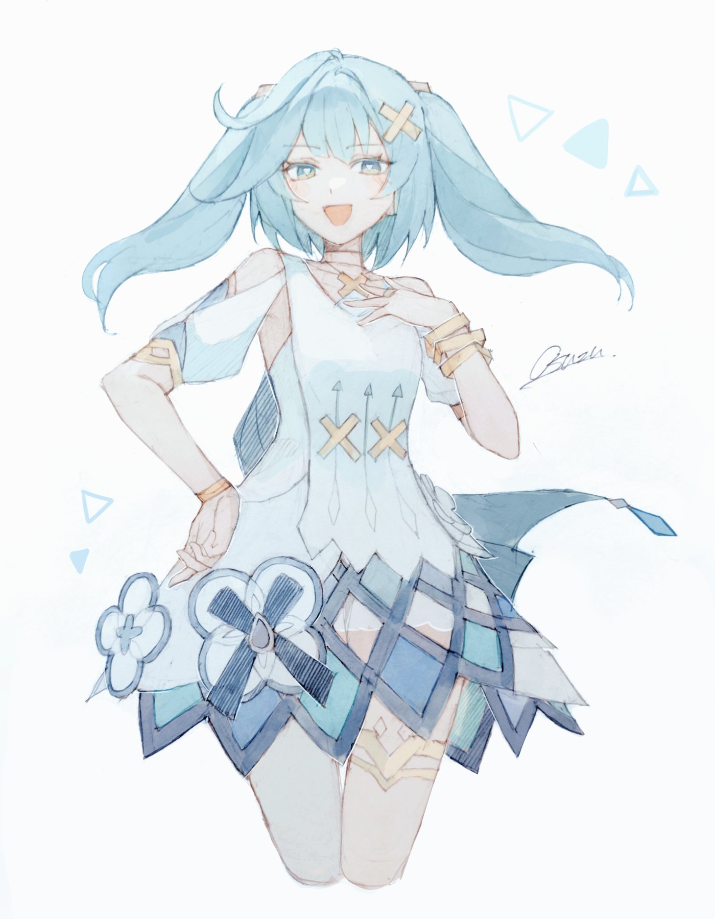 osuzu0613, faruzan (genshin impact), genshin impact, highres, 1girl, aqua hair, bare shoulders, bracelet, breasts, cowboy shot, cropped legs, dress, hair ornament, hand on own hip, jewelry, long hair, looking at viewer, open mouth, simple background, small breasts, smile, solo, symbol-shaped pupils, thighlet, triangle-shaped pupils, twintails, white background, white dress, x hair ornament