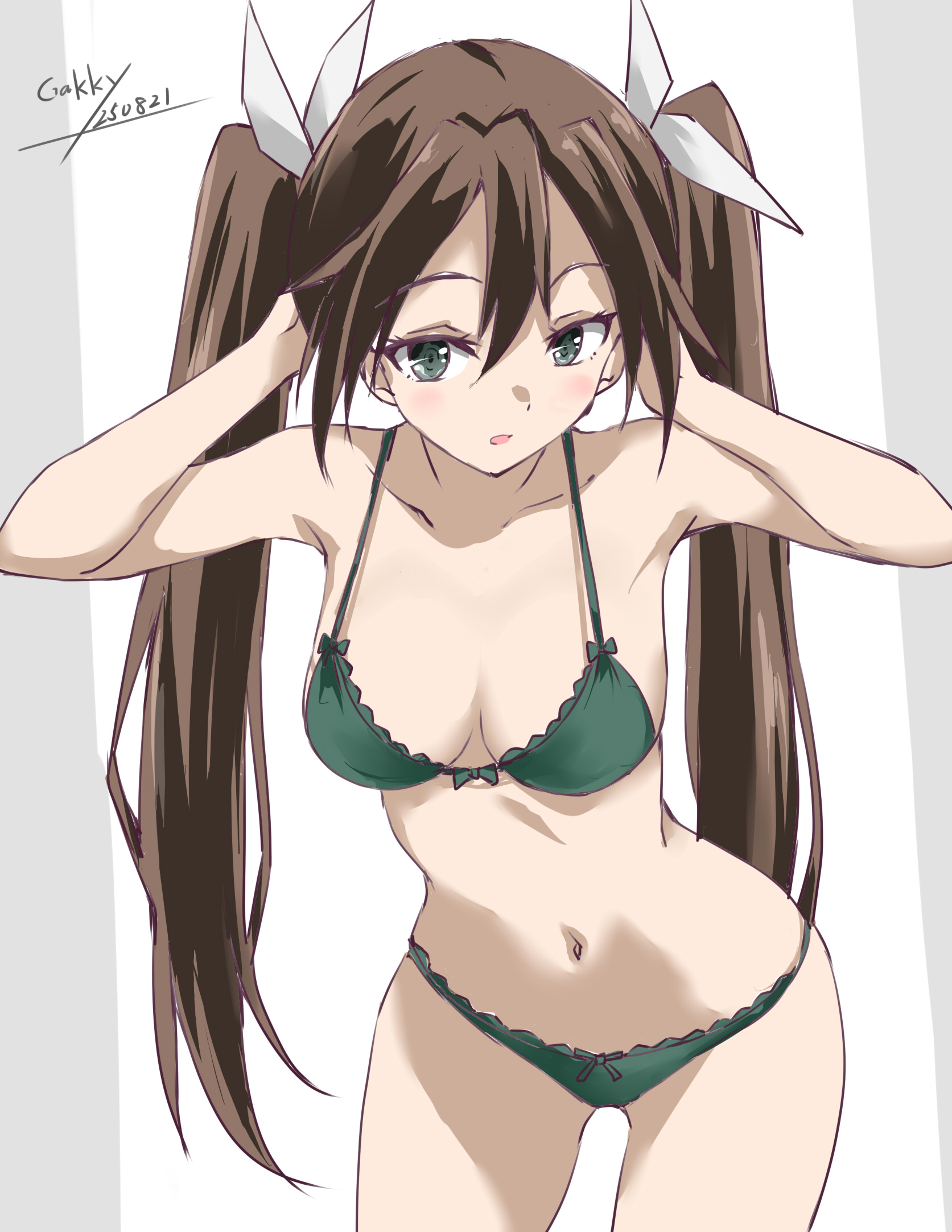 gakky, tone (kancolle), kantai collection, highres, 1girl, arms behind head, artist name, bra, breasts, brown hair, cowboy shot, dated, green bra, green panties, grey eyes, long hair, looking at viewer, navel, panties, small breasts, solo, twintails, two-tone background, underwear, underwear only, white background