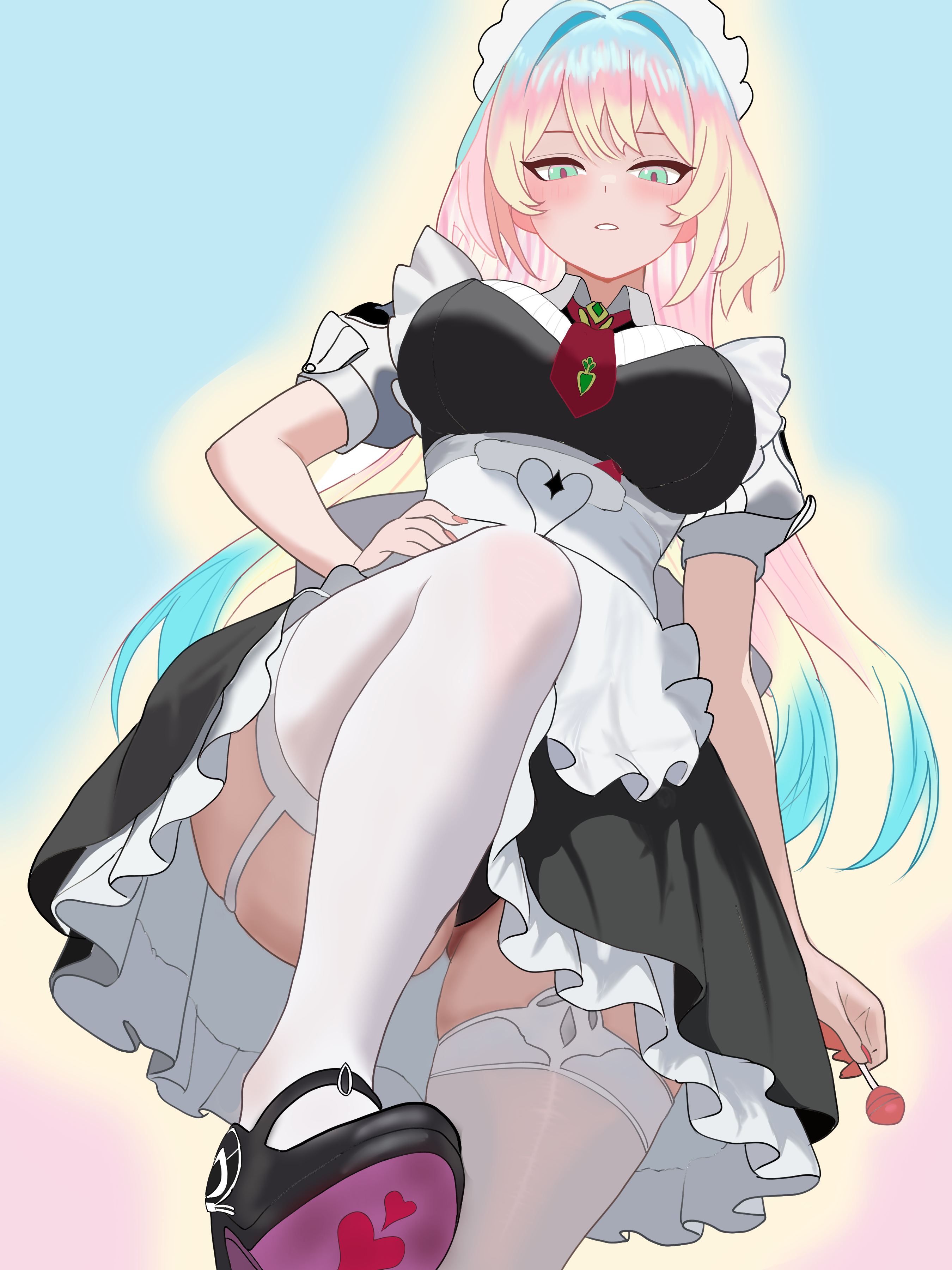 aquamarine725, lantern (honkai impact), honkai (series), honkai impact 3rd, absurdres, commentary request, highres, 1girl, apron, black dress, black panties, black shoes, blue background, breasts, candy, dress, food, from below, gradient hair, green eyes, holding, holding candy, holding food, holding lollipop, lantern, large breasts, lollipop, looking at viewer, maid, maid apron, maid headdress, multicolored hair, necktie, official alternate costume, panties, parted lips, red necktie, shoes, solo, stepping, thighhighs, thighs, underwear, white thighhighs