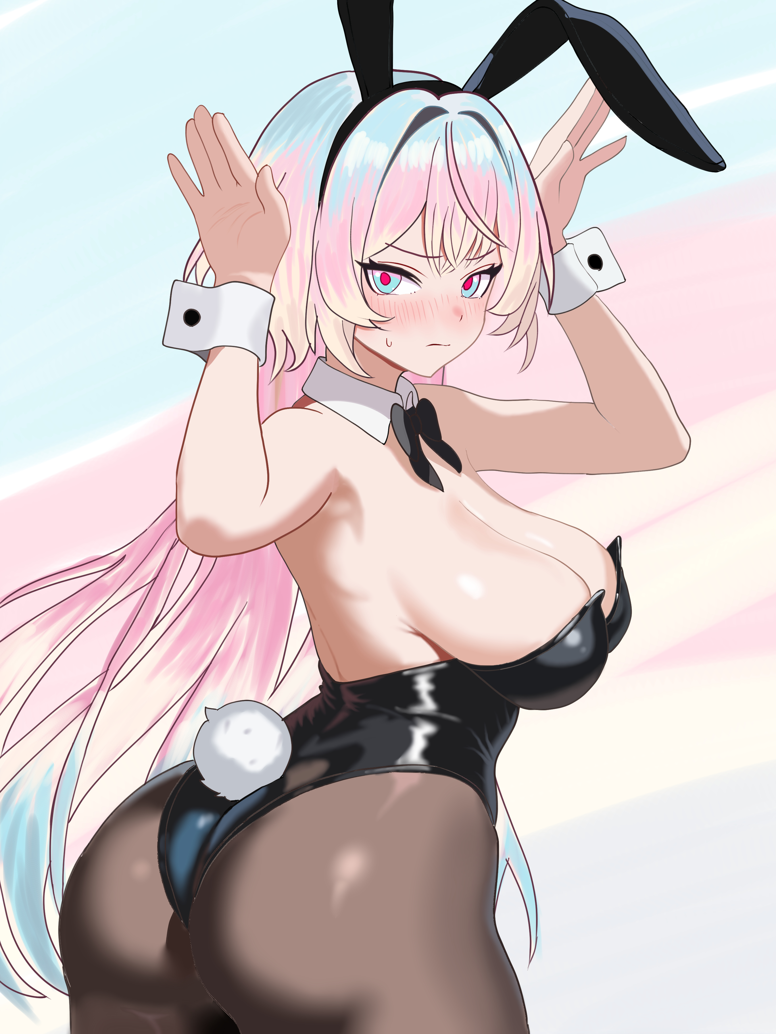 aquamarine725, lantern (honkai impact), honkai (series), honkai impact 3rd, absurdres, commentary request, highres, 1girl, alternate costume, animal ears, armpits, ass, black bow, black bowtie, black leotard, black pantyhose, bow, bowtie, breasts, closed mouth, collar, detached collar, fake animal ears, fake tail, from below, gradient hair, lantern, large breasts, leotard, looking at viewer, multicolored eyes, multicolored hair, pantyhose, playboy bunny, rabbit ears, rabbit pose, rabbit tail, solo, tail, two-tone eyes, white collar, wrist cuffs