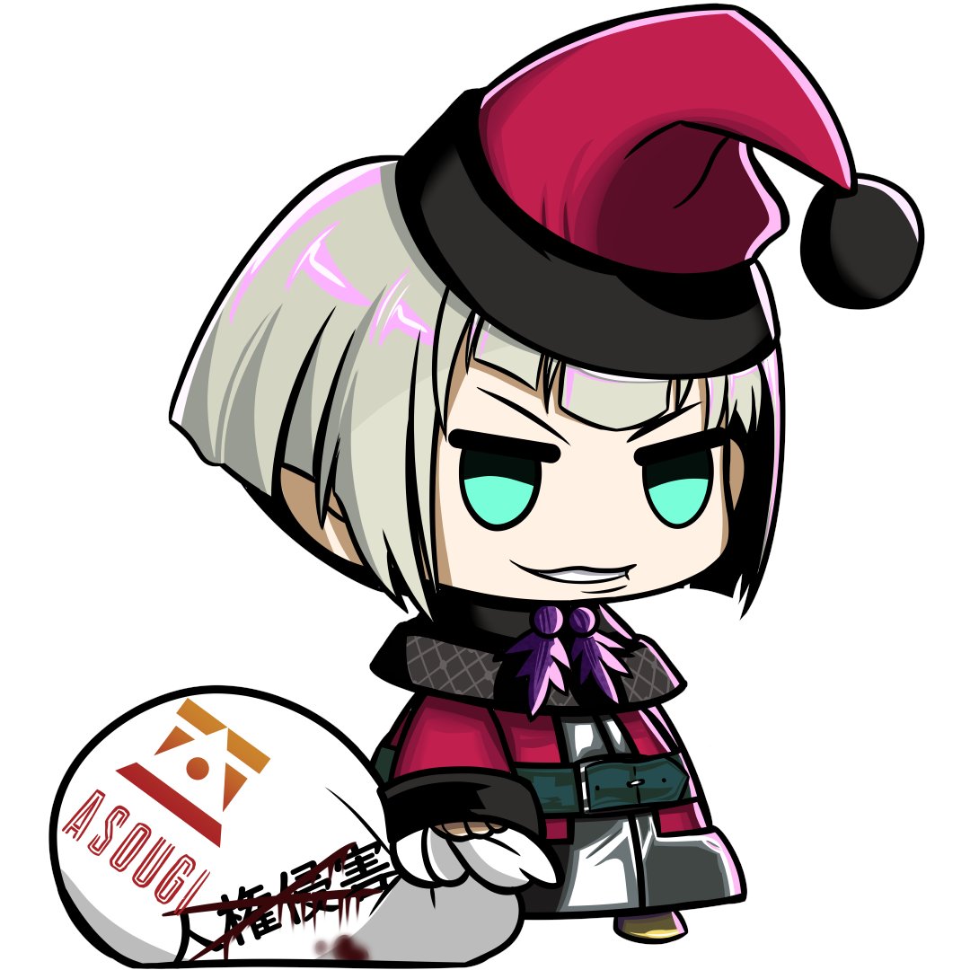 kouto matai, dohna dohna issho ni warui koto o shiyou, translation request, 1boy, belt, black belt, black capelet, blood, blue eyes, capelet, chibi, chibi only, coat, grey hair, grimace, hat, holding, holding sack, male focus, meme, padoru (meme), red coat, red hat, sack, santa hat, short hair, simple background, solo, white background, yamamoto hisamitsu