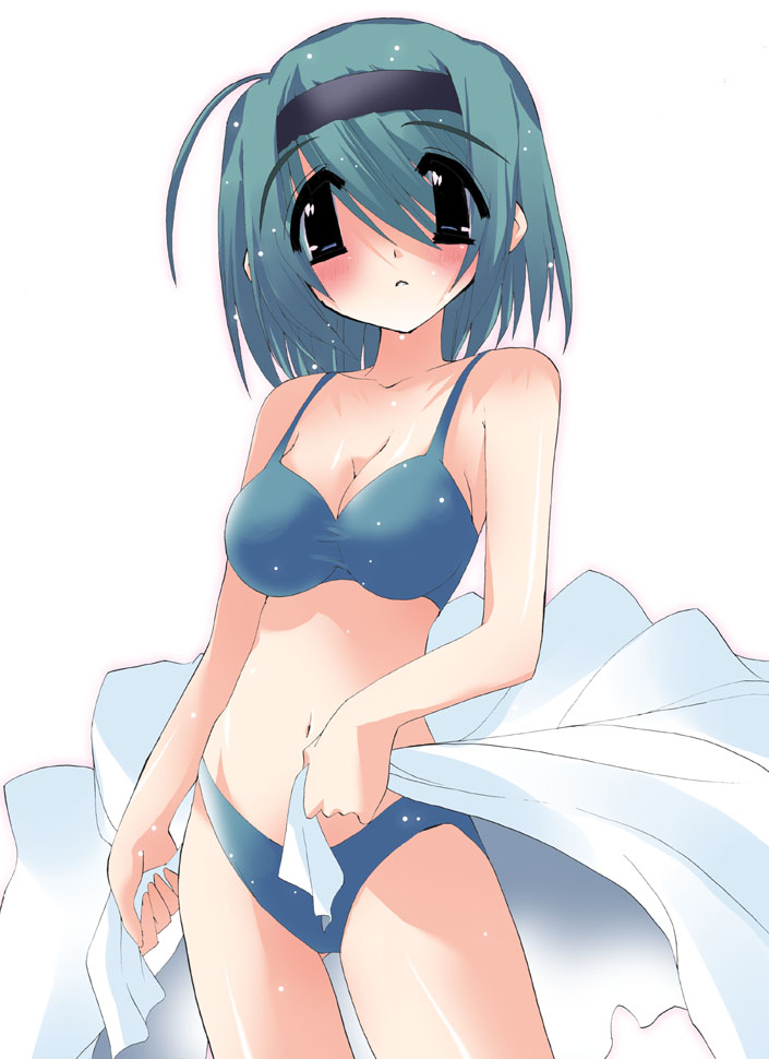 yoshioka chie, original, to heart (series), to heart 2, 00s, 1girl, ahoge, aqua hair, bikini, blue bikini, blue eyes, blush, breasts, cleavage, female focus, hairband, sarong, short hair, simple background, solo, swimsuit, unworn sarong