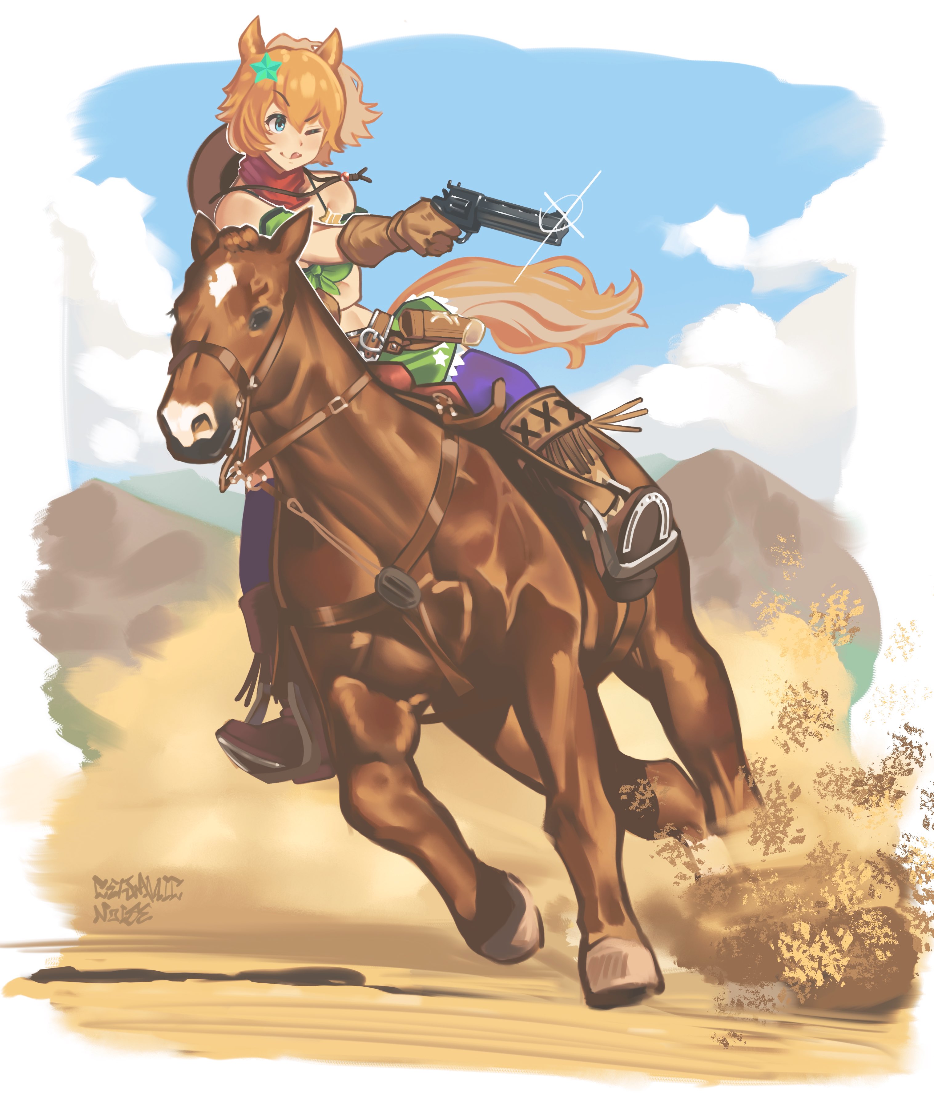 ceramicnoise, taiki shuttle (umamusume), umamusume, absurdres, highres, 1girl, aiming, animal ears, armband, blue eyes, brown gloves, brown hair, cowboy hat, cowboy western, fringe trim, gloves, green armband, hair ornament, hat, hat on back, horse, horse ears, horse girl, horse tail, horseback riding, ponytail, riding, saddle, star (symbol), star hair ornament, stirrups (riding), tail, tassel