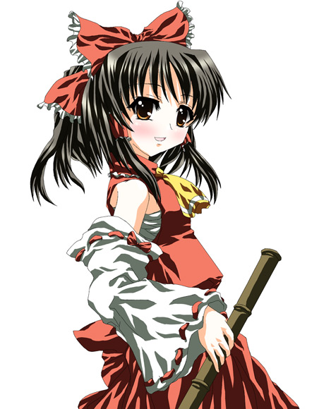 hakurei reimu, touhou, 1girl, ascot, bamboo broom, bare shoulders, black hair, broom, detached sleeves, female focus, half updo, sarashi, short hair, simple background, solo