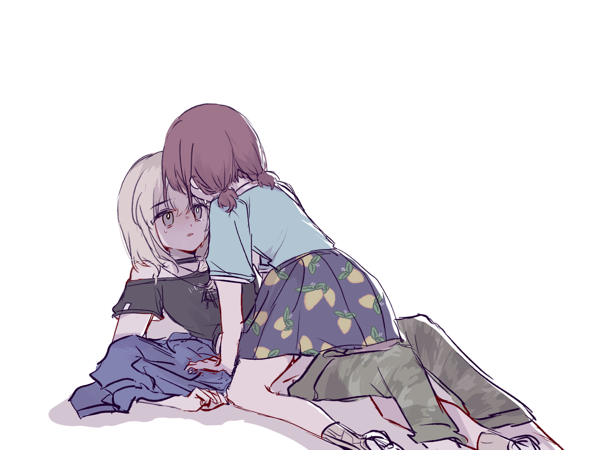 achadtea, iseri nina, kawaragi momoka, girls band cry, chinese commentary, commentary request, highres, 2girls, black choker, black shirt, blue shirt, blue skirt, brown hair, camouflage, camouflage pants, choker, food print, fruit print, green pants, grey eyes, grey hair, jewelry, lemon print, multiple girls, necklace, pants, parted lips, print skirt, shirt, short sleeves, short twintails, simple background, skirt, straddling, sweat, tears, twintails, white background, yuri
