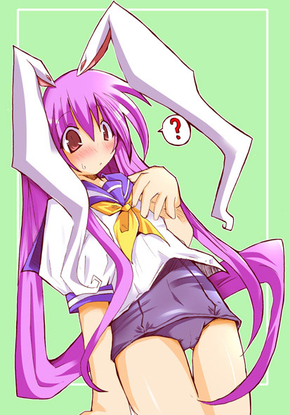 reisen udongein inaba, touhou, 1girl, ?, alternate costume, animal ears, bad anatomy, blush, female focus, green background, long hair, no pants, one-piece swimsuit, purple hair, purple one-piece swimsuit, purple school swimsuit, rabbit ears, school swimsuit, school uniform, serafuku, solo, spoken question mark, swimsuit, swimsuit under clothes