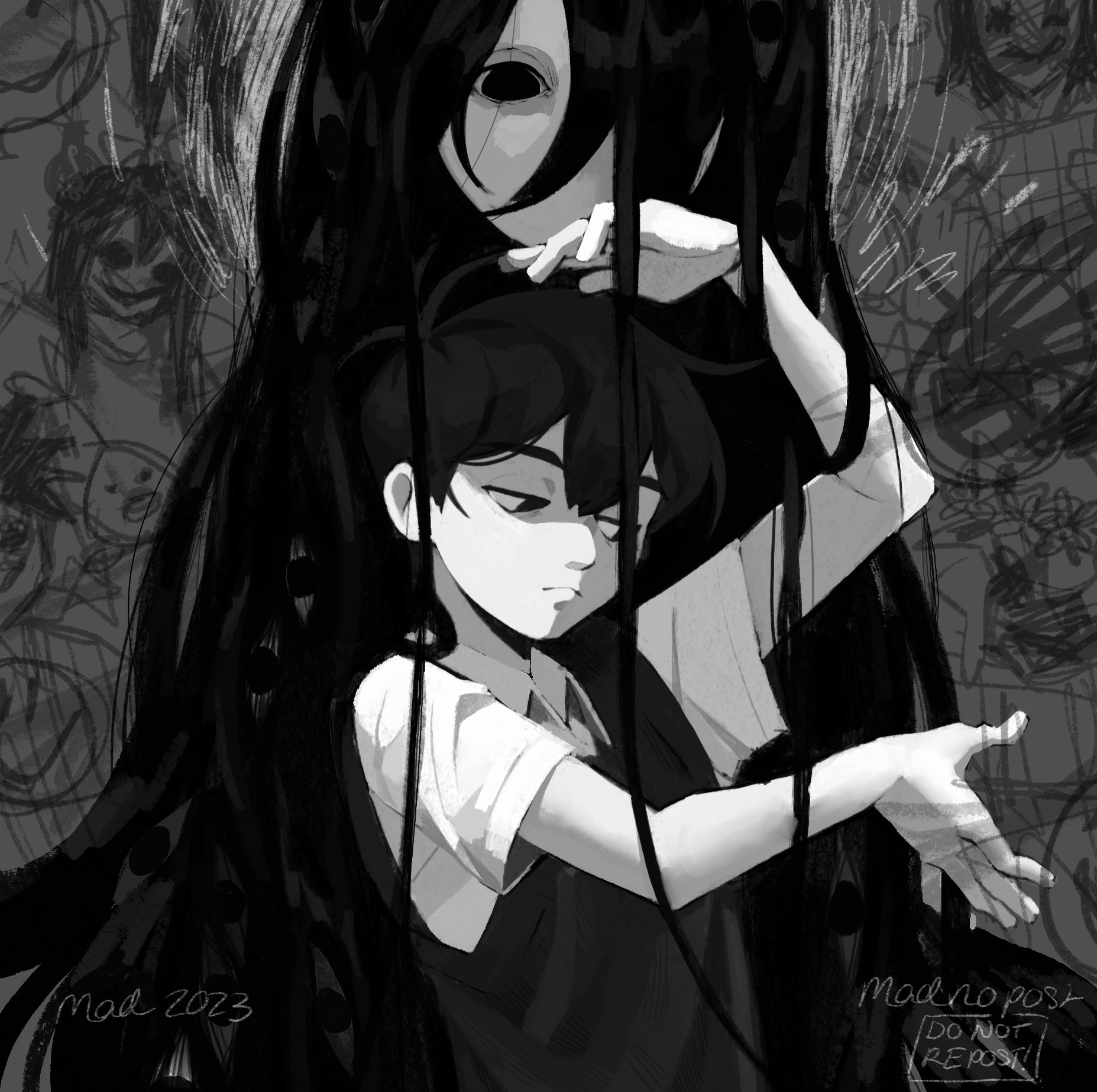 madnopost, aubrey (headspace) (omori), aubrey (omori), basil (headspace) (omori), basil (omori), hero (headspace) (omori), hero (omori), kel (headspace) (omori), kel (omori), mari (faraway) (omori), mari (omori), sprout mole, sunny (omori), omori, commentary, english commentary, highres, spoilers, 1boy, 1girl, 2023, antenna hair, arm up, artist name, brother and sister, closed mouth, collared shirt, double-parted bangs, empty eyes, extra eyes, frown, greyscale, hair behind ear, hair between eyes, hair over one eye, high contrast, long hair, looking at another, looking to the side, messy hair, monochrome, no pupils, one eye covered, shaded face, shirt, short hair, short sleeves, siblings, sideways glance, sweater vest, upper body, very long hair, very short hair, watermark