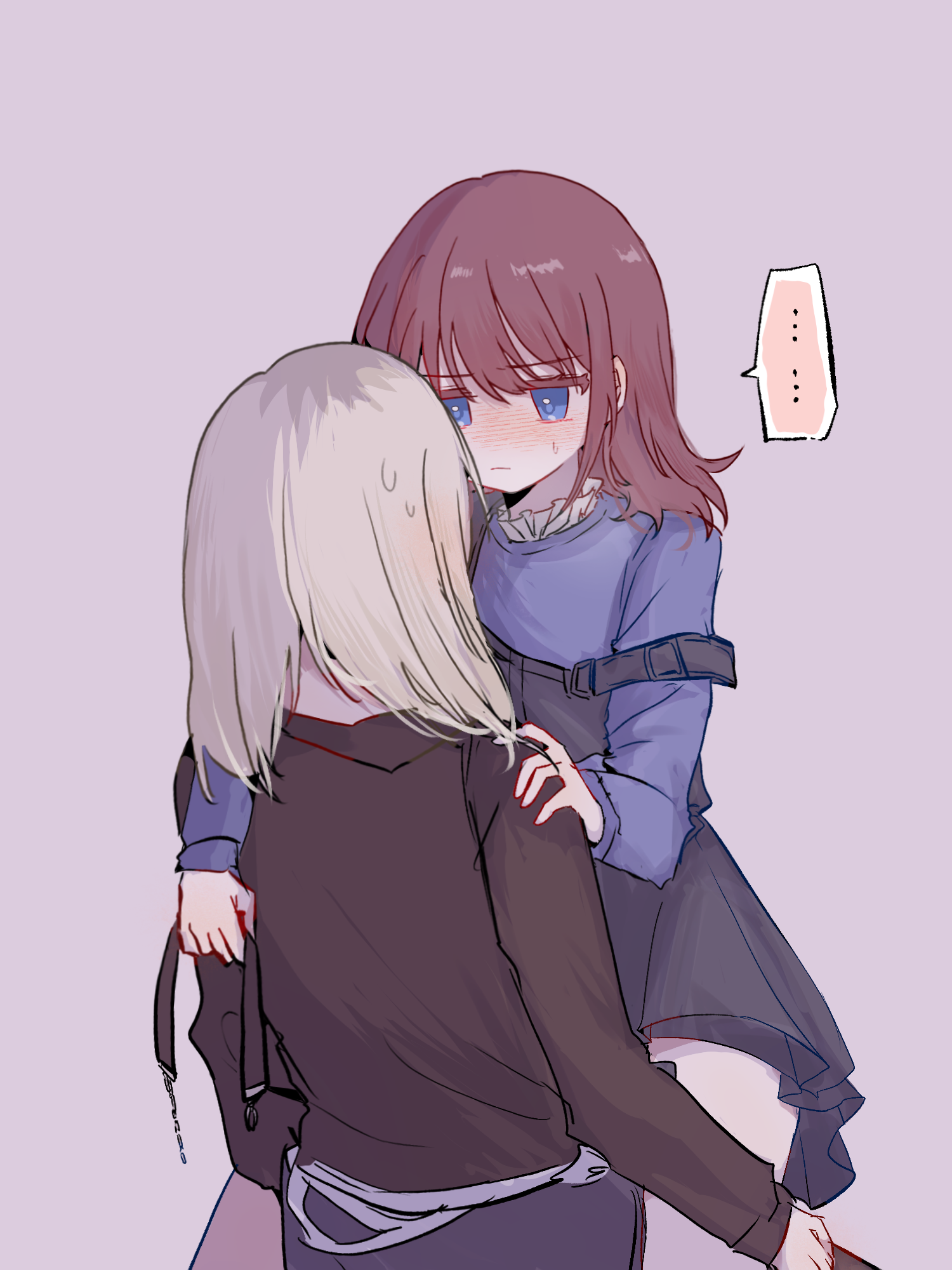 achadtea, iseri nina, kawaragi momoka, girls band cry, chinese commentary, commentary request, highres, …, 2girls, black skirt, black sweater, blue eyes, blush, closed mouth, grey hair, hair down, hand on another's leg, hand on another's shoulder, long hair, multicolored hair, multiple girls, purple background, red hair, roots (hair), simple background, sitting, sitting on lap, sitting on person, skirt, spoken ellipsis, suspender skirt, suspenders, sweatdrop, sweater, yuri