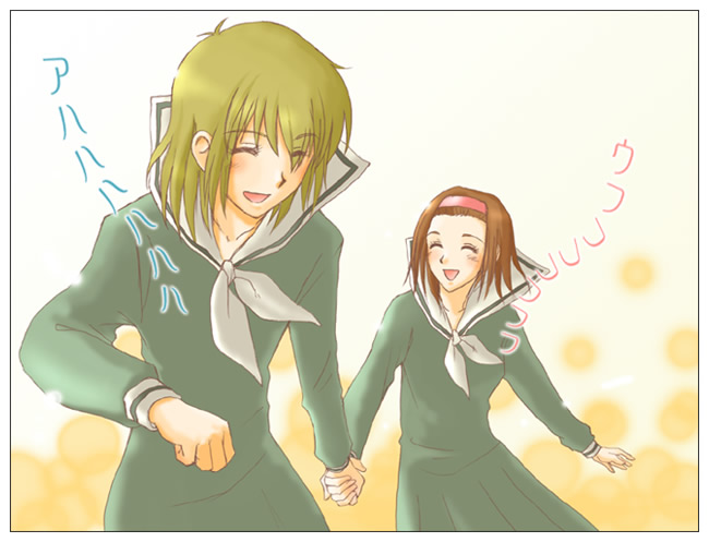 satou sei, torii eriko, maria-sama ga miteru, 00s, 2girls, blonde hair, brown hair, clenched hand, closed eyes, friends, hairband, holding hands, multiple girls, school uniform, serafuku, short hair, smile