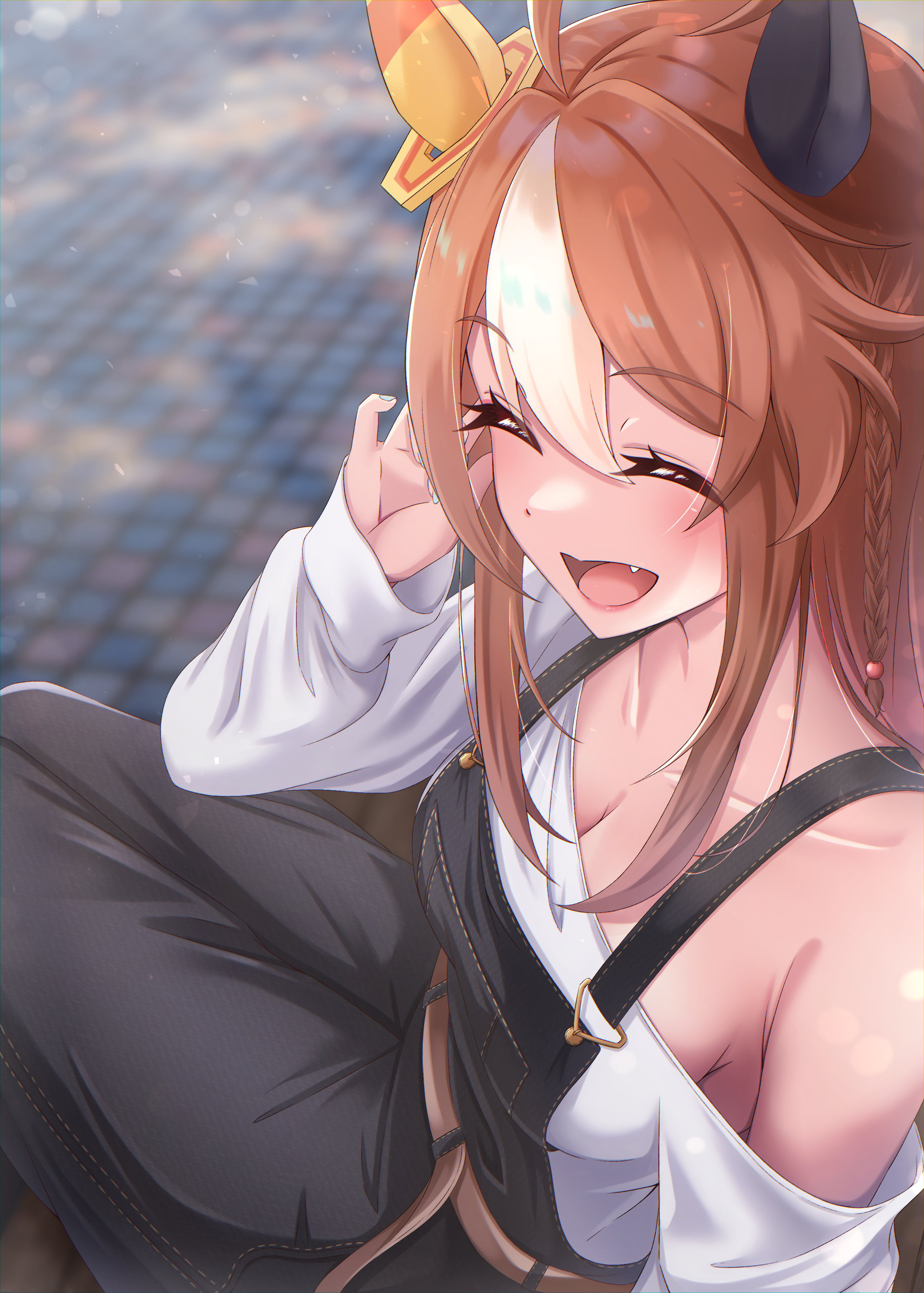namiki (namiki071897), copano rickey (umamusume), umamusume, absurdres, commentary, english commentary, highres, 1girl, ahoge, alternate costume, animal ears, bare shoulders, belt, black overalls, blurry, blurry background, brown belt, brown hair, closed eyes, collarbone, day, ear covers, ear ornament, fang, hair between eyes, horse ears, horse girl, horse tail, long hair, multicolored hair, off-shoulder shirt, off shoulder, open mouth, outdoors, overalls, pink eyes, shirt, sidelocks, sitting, smile, solo, streaked hair, tail, white hair, white shirt
