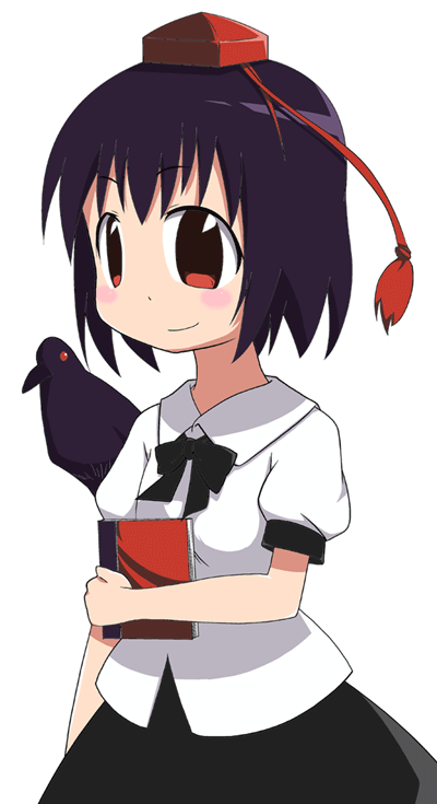 shirika, shameimaru aya, touhou, looking away, 1girl, black hair, bow, female focus, hat, red eyes, ribbon, skirt, smile, solo, tokin hat