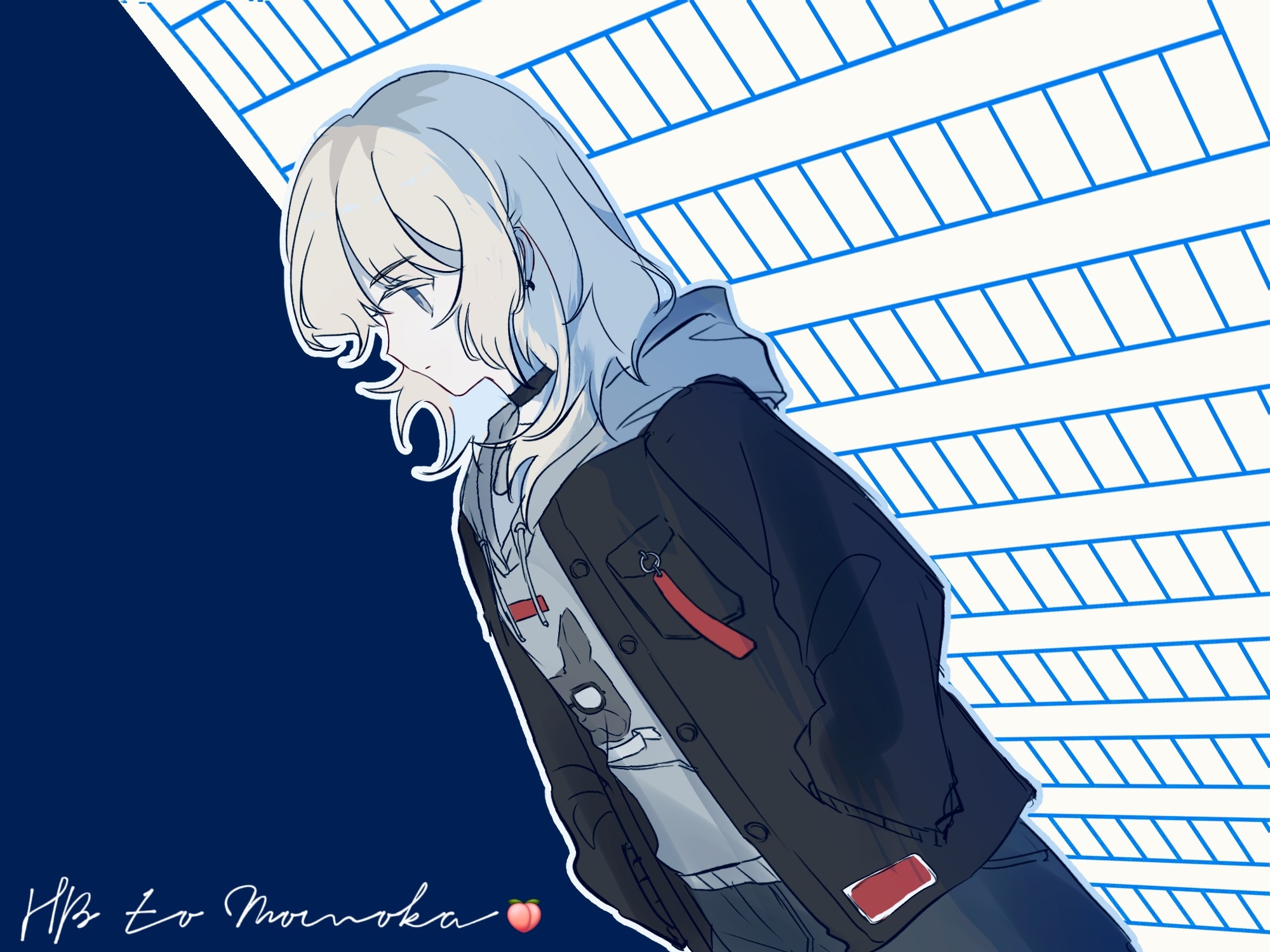 achadtea, kawaragi momoka, girls band cry, chinese commentary, commentary request, highres, 1girl, black choker, black jacket, choker, closed mouth, drawstring, dutch angle, expressionless, grey eyes, grey hair, grey hoodie, hands in pockets, happy birthday, hood, hoodie, jacket, long hair, long sleeves, multicolored hair, peach emoji, roots (hair), solo, upper body