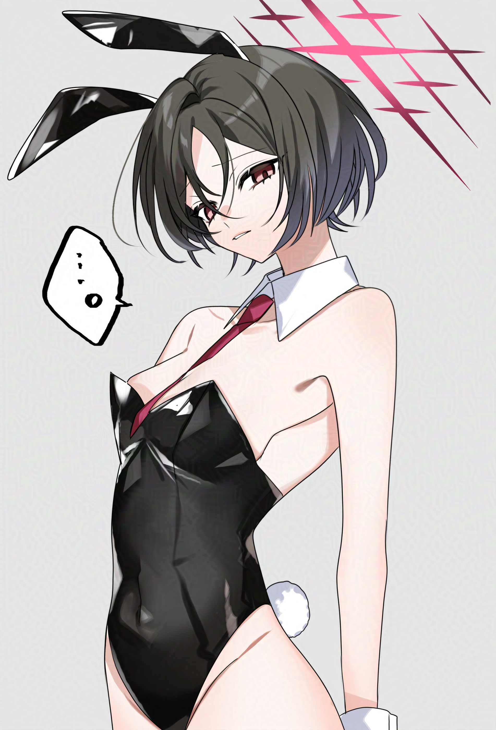 hatori naco, misaki (blue archive), blue archive, absurdres, highres, 1girl, alternate costume, animal ear hairband, animal ears, black leotard, covered navel, detached collar, fake animal ears, fake tail, hairband, halo, leotard, playboy bunny, rabbit ear hairband, rabbit ears, rabbit tail, solo, tail, white wrist cuffs, wrist cuffs