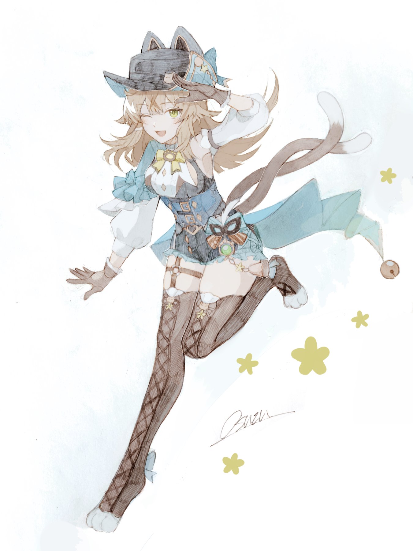 osuzu0613, kirara (genshin impact), kirara (phantom in boots) (genshin impact), genshin impact, highres, 1girl, arm up, blonde hair, breasts, brown gloves, cat tail, detached sleeves, flower symbol, full body, gloves, green eyes, hat, hat with ears, lace, lace-trimmed thighhighs, lace trim, leg up, long hair, looking at viewer, medium breasts, multiple tails, nekomata, official alternate costume, one eye closed, open mouth, pawpads, puffy detached sleeves, puffy sleeves, simple background, smile, solo, tail, thighhighs, two tails, vision (genshin impact), white background, white sleeves