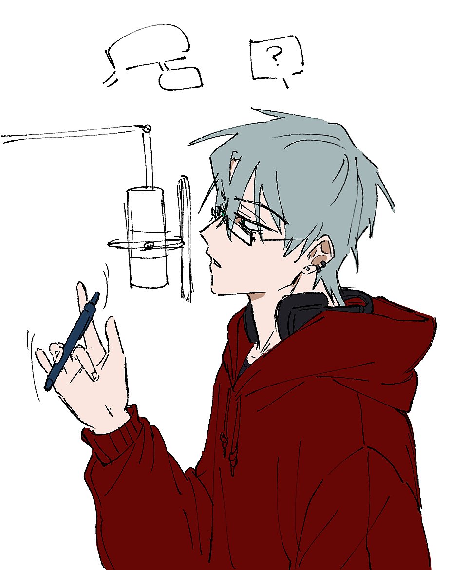 br3adhouse, till (alien stage), alien stage, bad id, bad twitter id, 1boy, glasses, green eyes, grey hair, headphones, headphones around neck, holding, holding pen, hood, hoodie, long sleeves, male focus, microphone, pen, pop filter, rectangular eyewear, red hoodie, short hair, studio microphone