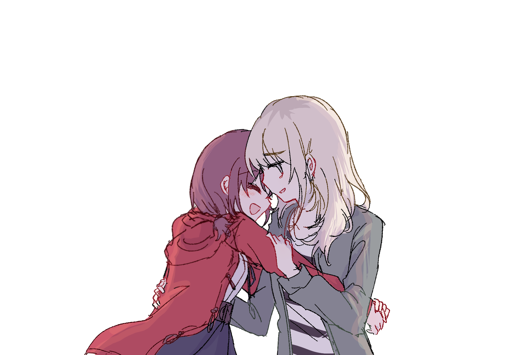 achadtea, iseri nina, kawaragi momoka, girls band cry, chinese commentary, commentary request, highres, 2girls, blue skirt, closed eyes, coat, grey eyes, grey hair, grey jacket, hand on another's waist, jacket, long hair, long sleeves, multicolored hair, multiple girls, open mouth, red coat, red hair, roots (hair), shirt, short twintails, simple background, skirt, smile, twintails, white background, white shirt