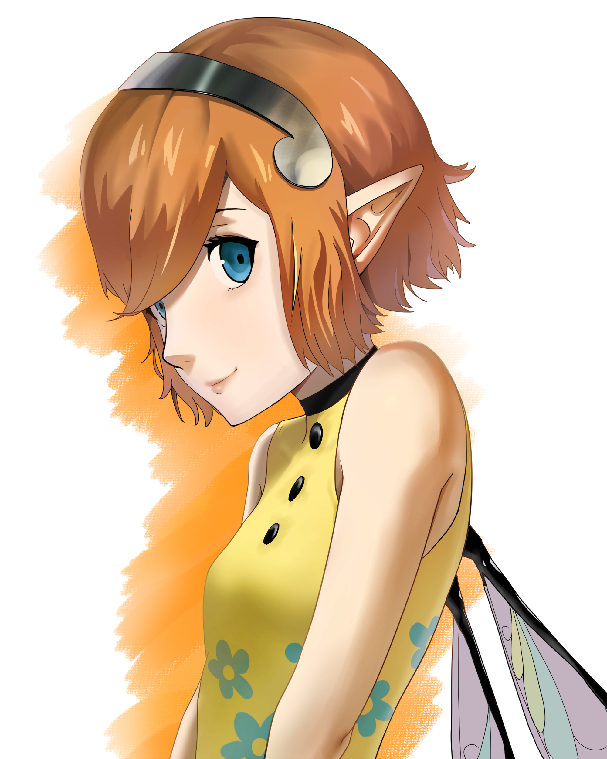 gallica (metaphor: refantazio), metaphor: refantazio, absurdres, commentary request, highres, 1girl, bare shoulders, blue eyes, buttons, fairy, fairy wings, hairband, hwsushi233, leotard, lips, looking at viewer, orange hair, pink lips, pointy ears, short hair, sleeveless, smile, solo, swept bangs, white background, wings, yellow leotard