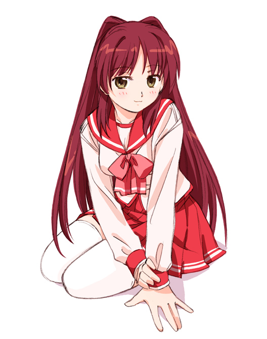 nakajima chizuna, kousaka tamaki, to heart (series), to heart 2, 00s, blush, brown eyes, long hair, pleated skirt, red hair, school uniform, serafuku, skirt, solo, thighhighs, zettai ryouiki