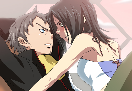 kuroo (project apricot), holland novak, talho yuuki, eureka seven, eureka seven (series), 00s, 1boy, 1girl, angry, aqua eyes, arm support, arms behind head, arms up, back, beard, between legs, blush, brown hair, couple, eye contact, facial hair, goatee, goatee stubble, hetero, holland, jacket, long hair, looking at another, open mouth, short hair, stubble