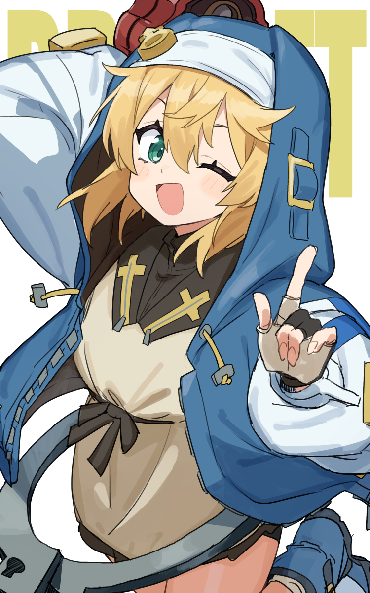 gazacy (dai), bridget (guilty gear), guilty gear, guilty gear strive, highres, 1boy, androgyne symbol, arm up, bike shorts, blonde hair, blue shoes, cuffs, fingerless gloves, gloves, green eyes, handcuffs, hood, hood up, hooded jacket, hoodie, jacket, looking at viewer, mars symbol, nun, one eye closed, open clothes, open hoodie, shoes, simple background, solo, trap, white background, yo-yo