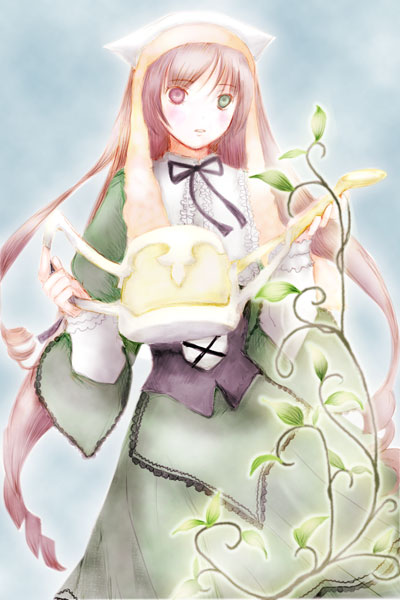 linjara, suiseiseki, rozen maiden, 00s, 1girl, blue background, female focus, headscarf, heterochromia, lolita fashion, long hair, simple background, solo, very long hair, white headscarf