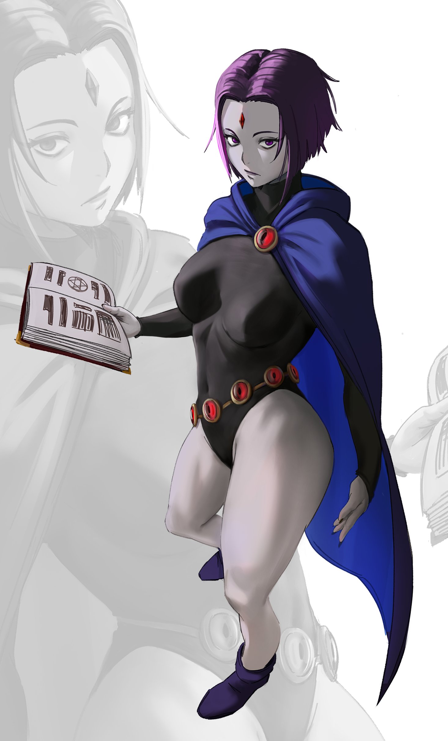 hitomazuki, raven (dc), dc comics, teen titans, absurdres, highres, 1girl, belly chain, black leotard, black nails, blue cloak, book, boots, breasts, cloak, colored skin, forehead jewel, from above, full body, gem, grey skin, groin, highleg, highleg leotard, holding, holding book, jewelry, leotard, long sleeves, looking at viewer, medium breasts, open book, purple boots, purple eyes, purple hair, short hair, solo, standing, superhero costume, thighs, white background, zoom layer