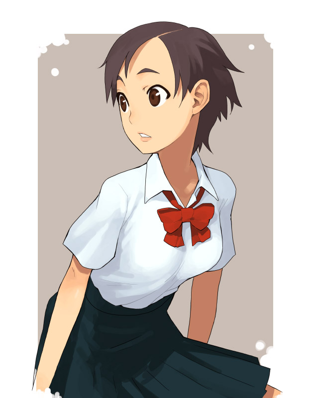 kusaka kokage, otonashi saya, blood+, 00s, arms at sides, black hair, blouse, brown eyes, collared shirt, grey background, pleated skirt, school uniform, serafuku, shirt, short hair, skirt, solo, white shirt