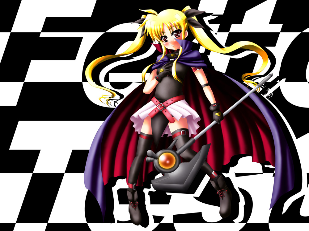 bardiche (device form) (nanoha), bardiche (nanoha), fate testarossa, fate testarossa (original form), lyrical nanoha, mahou shoujo lyrical nanoha, 00s, 1girl, ahoge, ankle boots, arm belt, armband, belt, belt bra, belt skirt, black gloves, black thighhighs, blonde hair, blush, boots, bow, breasts, buckle, cape, character name, female focus, floating hair, full body, gloves, grin, hair bow, hair ribbon, hand on own chest, holding, holding weapon, lace-up boots, leotard, long hair, magical girl, miniskirt, parted bangs, pelvic curtain, pleated skirt, red eyes, ribbon, scythe, shadow, showgirl skirt, sidelocks, skirt, small breasts, smile, solo, standing, thigh strap, thighhighs, turtleneck, twintails, very long hair, weapon, zettai ryouiki