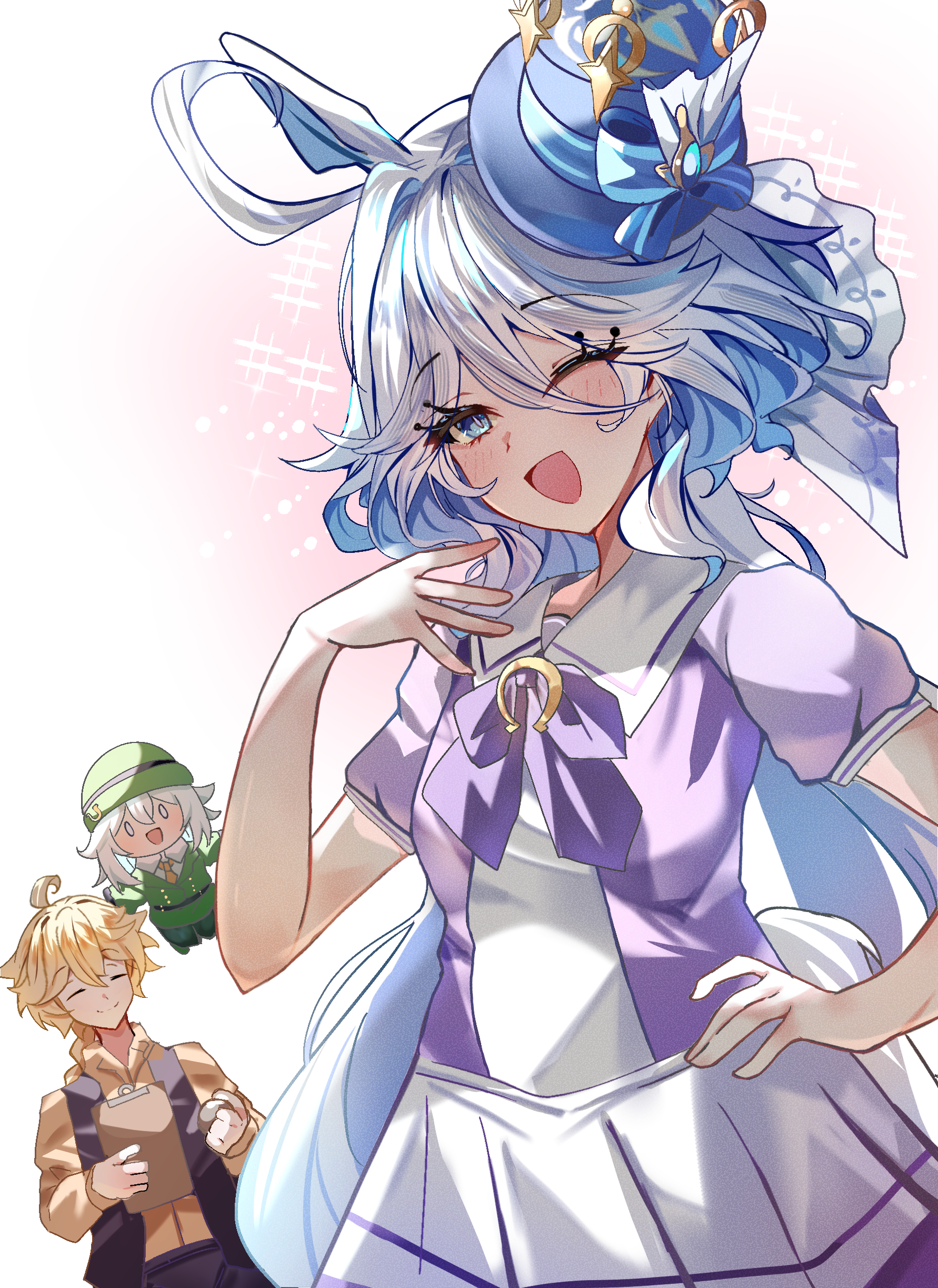 bimmy, aether (genshin impact), furina (genshin impact), hayakawa tazuna, paimon (genshin impact), trainer (umamusume), genshin impact, umamusume, absurdres, highres, 1boy, 2girls, ;d, ahoge, animal ears, blue eyes, blue hair, blue hat, cosplay, hair between eyes, hand on own hip, hat, hayakawa tazuna (cosplay), horse ears, horse girl, horse tail, multicolored hair, multiple girls, one eye closed, open mouth, school uniform, smile, tail, tracen school uniform, trainer (umamusume) (cosplay), two-tone hair, white hair